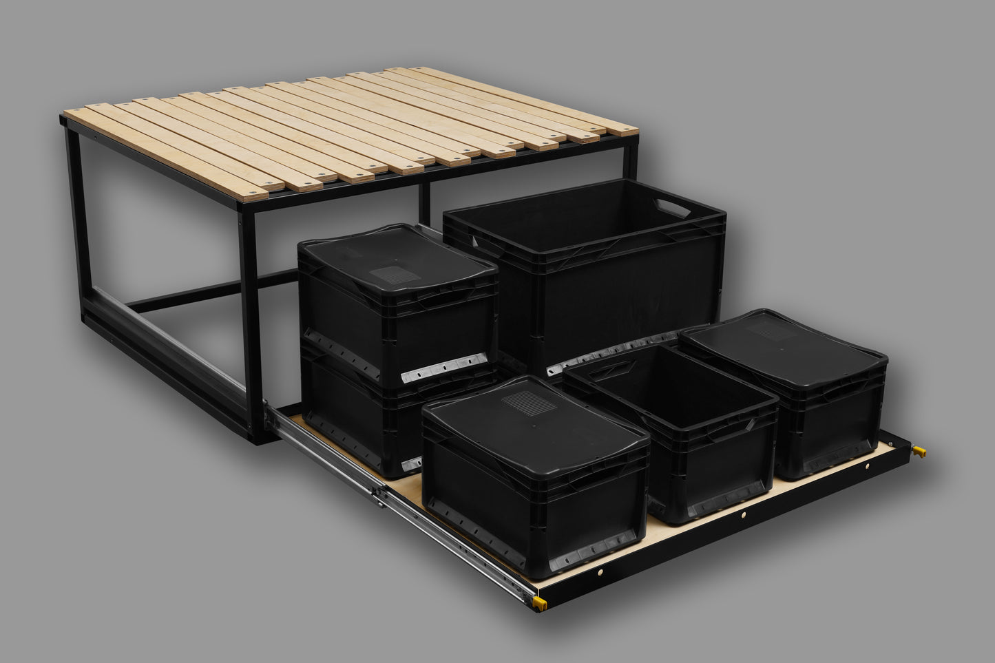 Schlafbereich im Van mit modularer Campingbox von Yourflexvan.