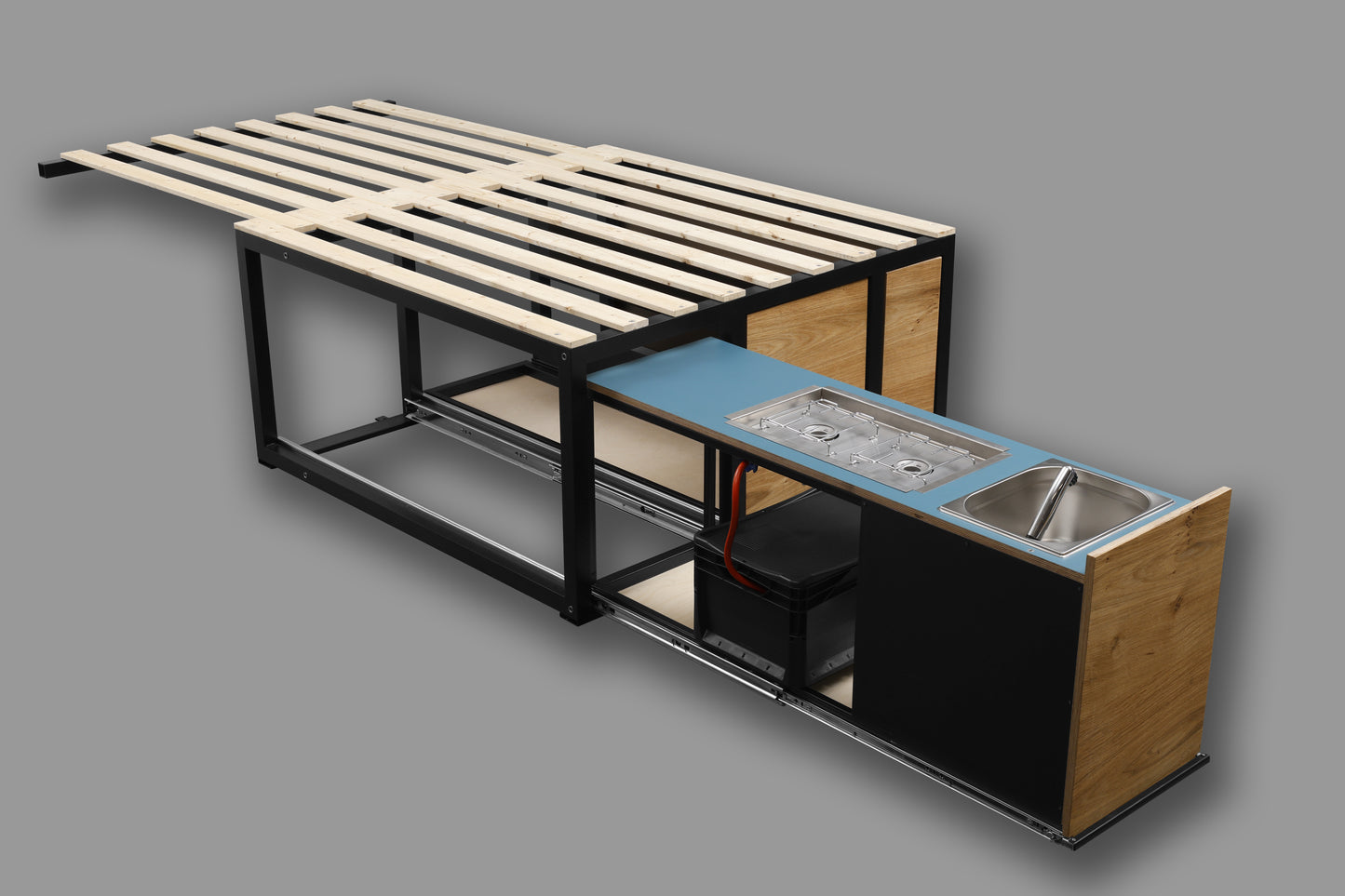 Campingbox von Yourflexvan im Ford Transit Custom für flexibles Camping.